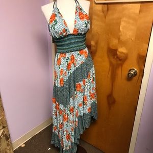 INTIMATELY Free People Gabriella tie neck Halter mix print HiLo Maxi Dress szS